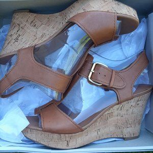 Brown Strappy Sandals with Cork Wedge Heel, Sz 10
